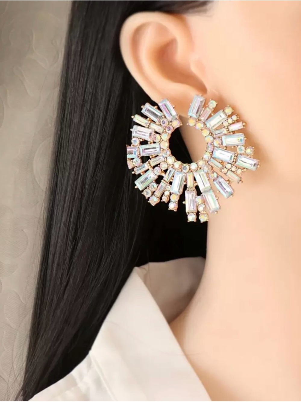 Iridescent Crystal Hoop Statement Earrings - Women Jewelry